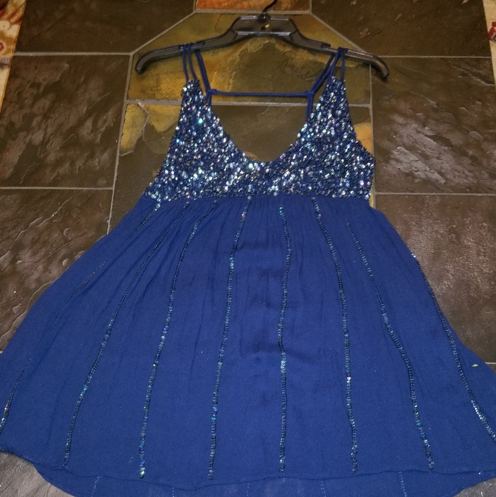 Free People Blue Sequins Evening Top